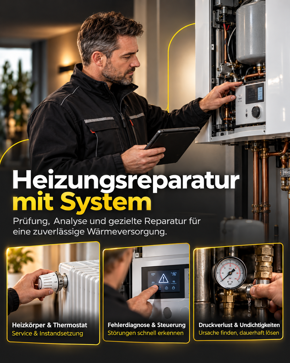Heizungstechniker bei der Heizungsreparatur mit Darstellung von Thermostatservice, Fehlerdiagnose und Druckverlustprüfung