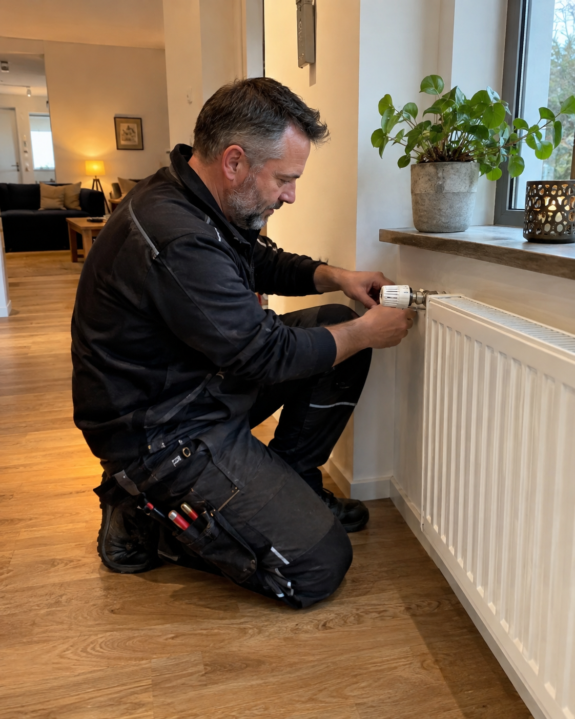 Heizungstechniker bei der Reparatur eines Heizkörperthermostats in einer modernen Wohnung