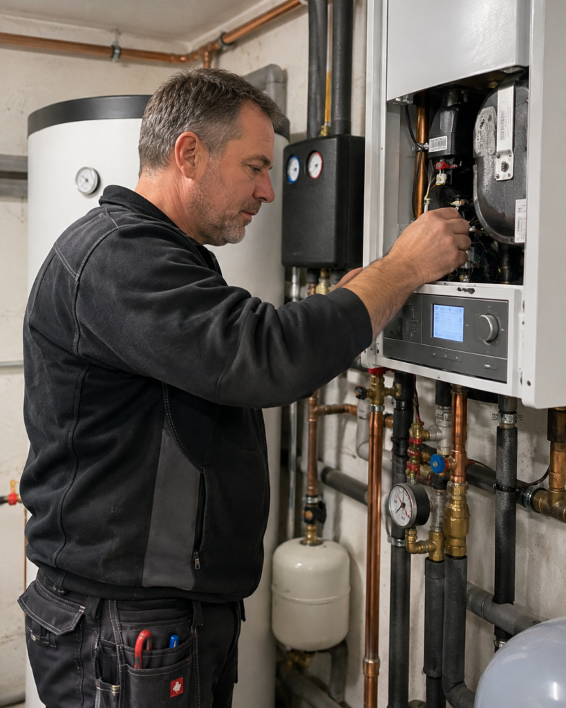 Heizungstechniker bei der Reparatur und Prüfung einer modernen Heizungsanlage mit Rohrleitungen und Steuerung